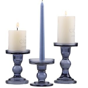 GMWD 3-Pc Glass Candle Holder Set Clear & Blue + Free Gift Candle